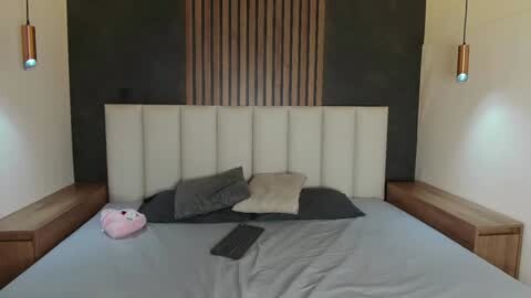 Media: Video of a modern bedroom with a white tufted headboard, gray bedding, two wooden nightstands, and a pink teddy bear on the bed. Vertical wood paneling and pendant lights hang above.