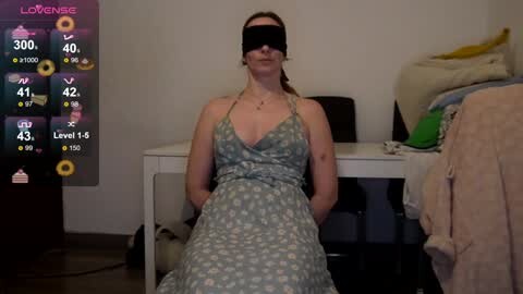 Media: Video of a woman in a blue polka-dot dress, blindfolded, sitting on a chair in a messy room with a white desk and clothes scattered around.