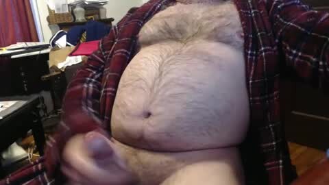 Media: Video of a shirtless, overweight man with a hairy chest and a flaccid, circumcised penis. He wears an unbuttoned red plaid shirt. Background includes cluttered room with a desk, chair, and window.