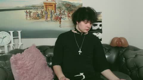 Media: Video of a young person with messy black hair, wearing a black collared shirt and necklace, seated on a gray leather couch with a pink fluffy pillow. Background includes a colorful painting and a large, realistic-looking stuffed animal.