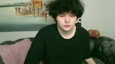 Media: Video of a pale, young man with messy black hair, wearing a black shirt, sitting on a black leather couch, with a plush pink pillow and a bald mannequin head in the background.
