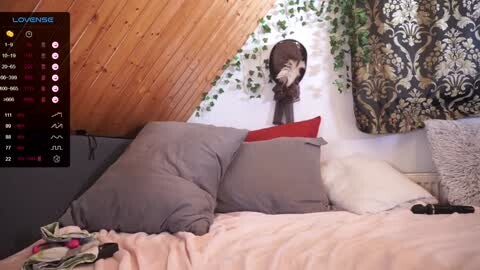 Media: Video of a cozy attic bedroom with a gray duvet, a red pillow, and a wooden ceiling. The background features a black and white damask wallpaper. A digital overlay displays a calendar with events.
