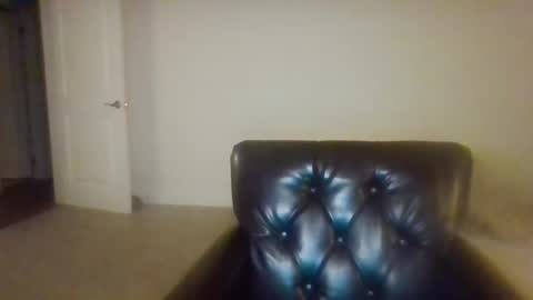 Media: Video of a dimly-lit room with a white door to the left and a tufted, dark blue armchair in the foreground. The walls are plain, and the carpet is beige.