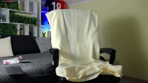 Media: A video of a black office chair draped with a white blanket, situated in a modern, minimalist living room with a beige wall, a green potted plant, and a football-themed decorative item.