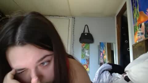 Media: Video of a young woman with long, straight brown hair and blue eyes, wearing a red top, lying on a bed in a messy bedroom. Background includes colorful posters, a black handbag, and a partially open closet door.