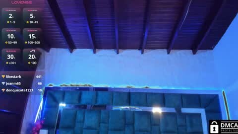 Media: A video of a dimly lit, rustic room with a wooden ceiling and blue walls. The room features a low sofa, a TV, and a small table. A screen display shows live streaming statistics in the top left corner.