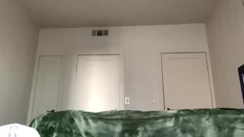 Media: A video of a simple, empty bedroom with white walls, a green blanket covering a bed, and three closed white doors.