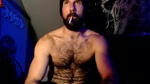 Media: Video of a muscular, hairy-chested man with a black beard and mustache, wearing a black beanie, gagged, in a dimly lit room with dark, patterned wallpaper.