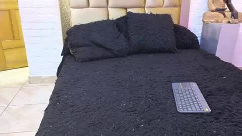 Media: Video of a small, cluttered bedroom with a black, shaggy blanket on a bed, two pillows, a laptop, and a wooden door in the background.