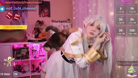 Media: Video of a pale-skinned woman with long silver hair, dressed in a white and gold elf costume, interacting with a black and white cat. Background features a cozy room with pink lighting, a gaming setup, and a heart-shaped light.