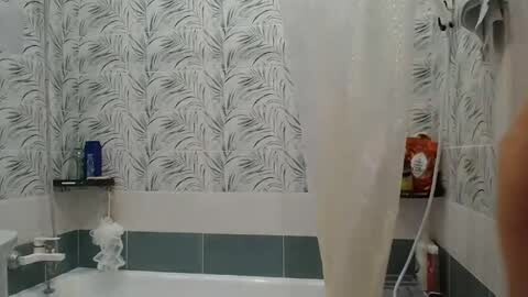 Media: Video of a modern bathroom with teal and white tiled walls featuring a leaf pattern. A person stands in a shower, holding a white sponge. A blue shampoo bottle sits on a shelf.